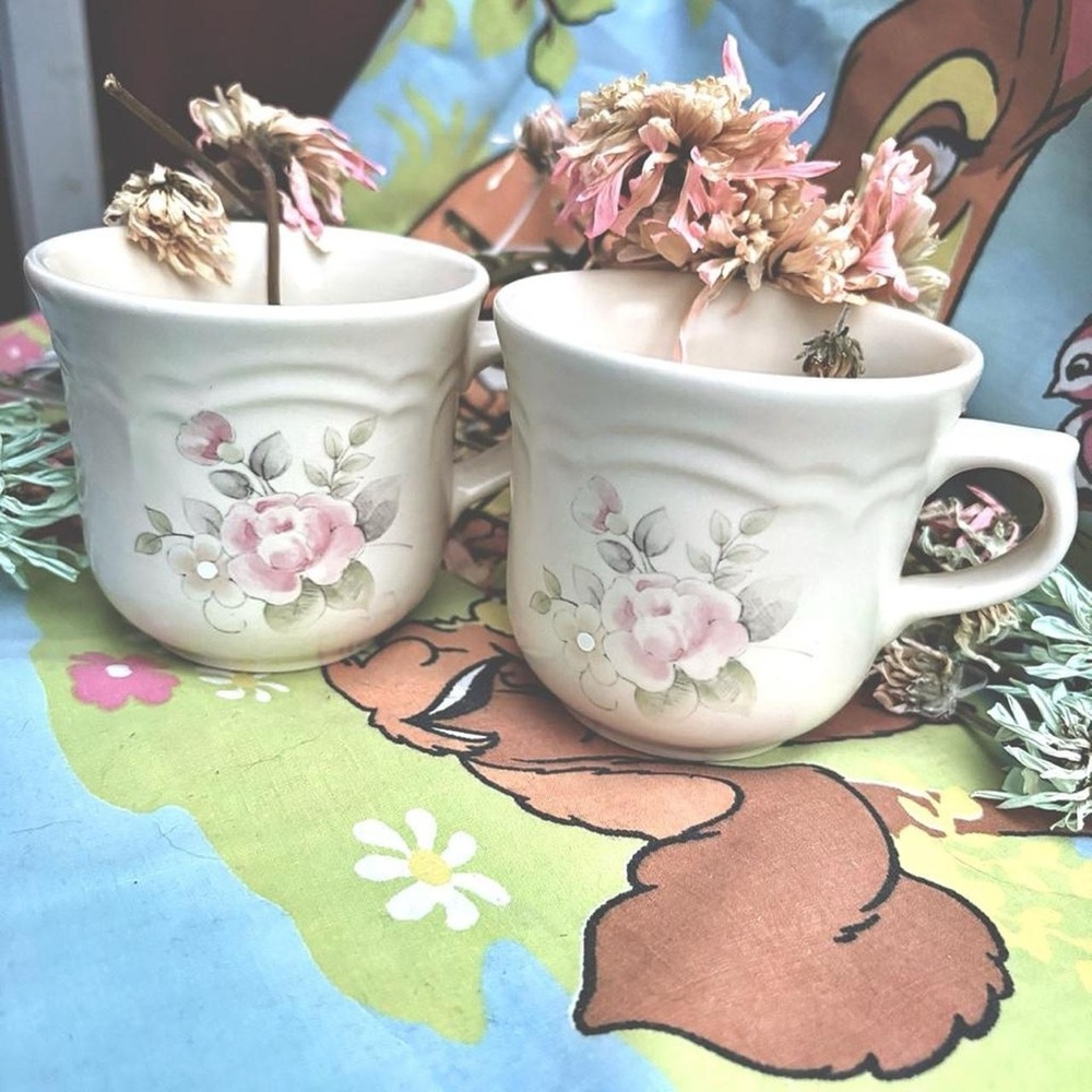 vtg 80s/90s pfaltzgraff stoneware ‘tea rose’ cottagecore teacup pair